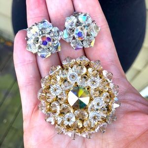 Vintage Estate Jewelry Large Round Cluster Aurora Borealis Brooch Pin, Earrings